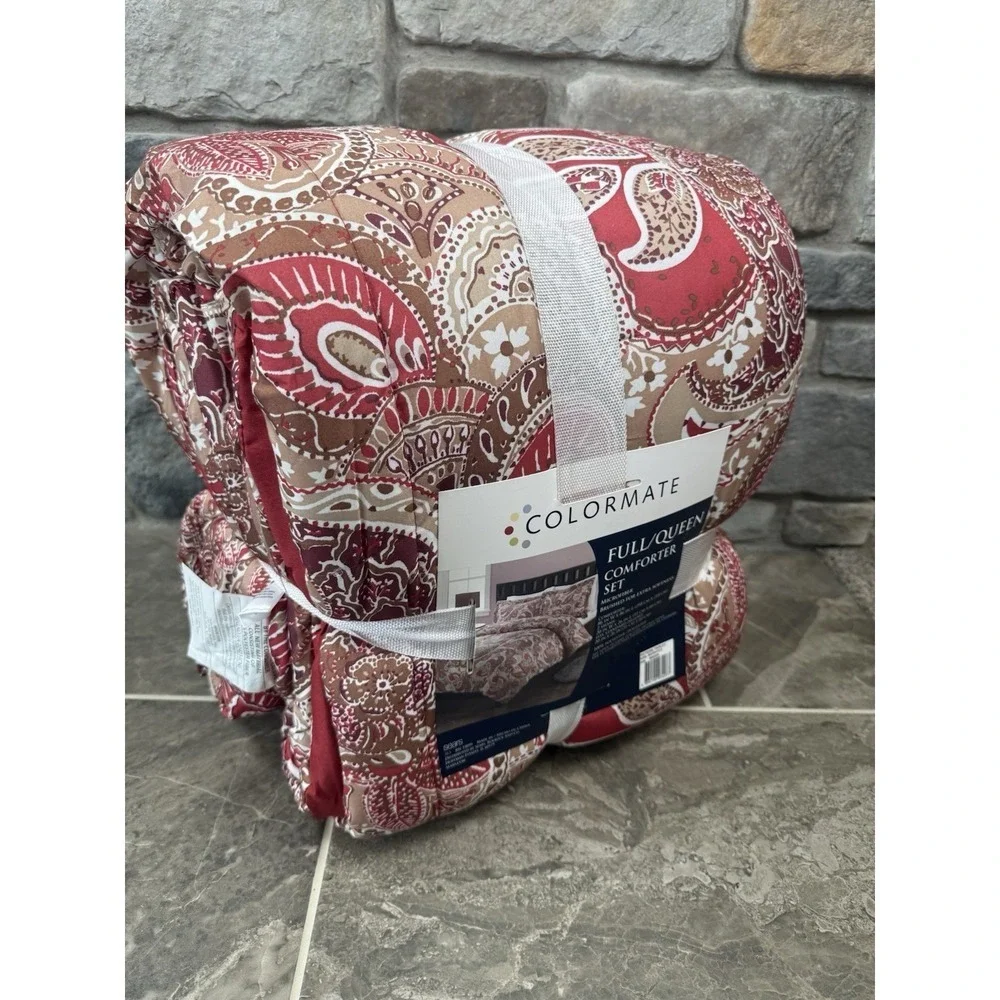 Colormate Full/Queen Comforter Set Paisley Red Tan Microfiber Sears New 3 Piece